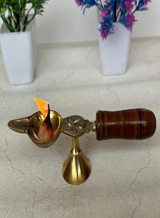 Salvus APP SOLUTIONS Sacred Brass Diya/Deepak vilakku with Wooden Handle: Enhance Your Pooja Rituals with Grace and Tradition (6 x 1.5 inch) - Image 1